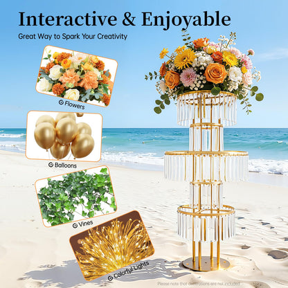 2 PCS Crystal Vases for Centerpieces, 43.3 in Tall Metal Pedestal Stands with Hanging Crystals for Table Chandelier Centerpiece, 5 Tiers Flower Stand for Wedding Reception Party (Gold, Round Base)
