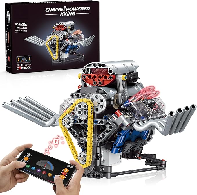 HIGH GODO V8 Engine Kits That Runs DIY Car Engine Model Kit for App Control Build Your Own Visible Engine Model Toy with Motor and Lights STEM Model Engine for Teens Adults 14+ (665 PCS)