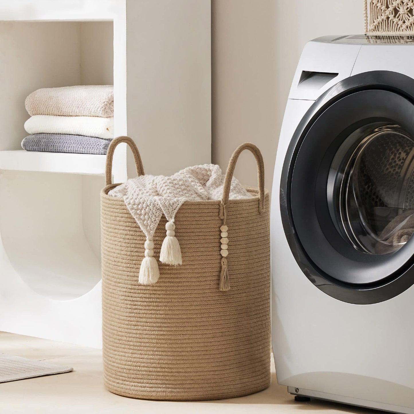 YOUDENOVA Jute Rope Laundry Hamper Basket, 58L Tall Woven Collapsible Baskets for Blanket Organizing Clothes Hamper for Laundry Bedroom Storage