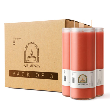 Alumenza 3 Pack Pink 7 Day Candles in Glass Jar – Paraffin Wax, Clean Burning Unscented | Large & Tall Devotional Prayer Pillar Candles for Home, Memorial, Spells, Long Lasting