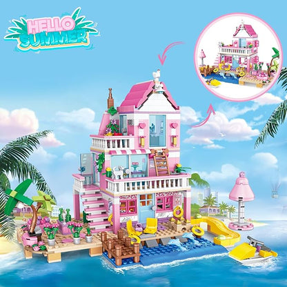 Pink Girls Seaside Beach Villa Friends Building Set Compatible with Lego Friends Construction Educational Toy for Adult Age 14 Up 822 PCS