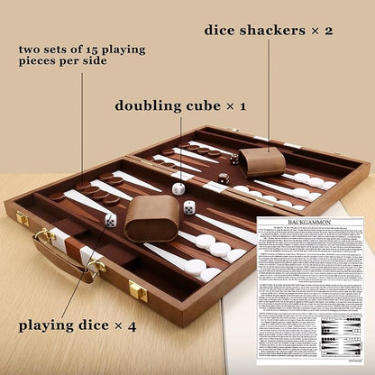 Backgammon Set - Classic Board Game with Premium Leather Case - Portable Travel Strategy Backgammon Game Set for Adults Kids (15inch Khaki)
