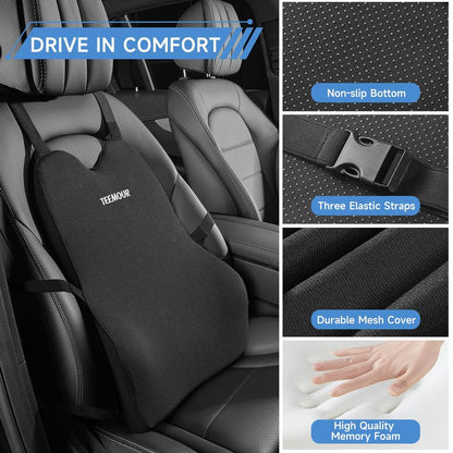 Teemour Lumbar Support Pillow for Car Seat, Memory Foam Back Support Pillow with Adjustable Straps, Medium Soft Car Back Cushion for Driving, Truck, SUV, Office Chair, Black