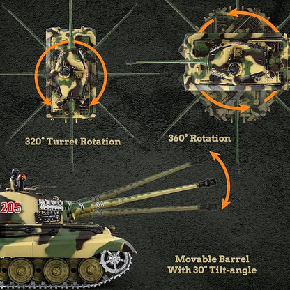 1/16 RC Tank Heng Long German King Tiger model Army Toy with Smoke Sound Light 2.4G Remote Control Tank That Shoot with Upgraded Metal Track Idler and Sprocket Wheel Steel Gearbox Two Batteries