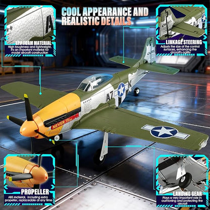 RC Plane 5CH 1406 Brushless P51D Mustang RC Airplane with 3D Aerobatic and 6-Axis Gyro 510mm 2.4GHz Radio RC Planes for Adult Beginners with Spare Battery and Propeller (Regular Version -2 Batteries)