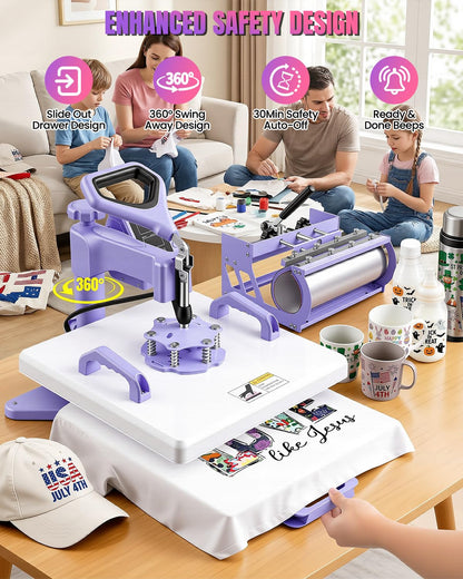 15x15 Heat Press Machine for T Shirts with 30oz Tumbler Press 5-in-1 Slide Out Easy Loading Heat Transfer with Dual-Tube Heating & 4-Zone PID Temp Controller for Quick & Even Heat on Hat Cap Mug Plate