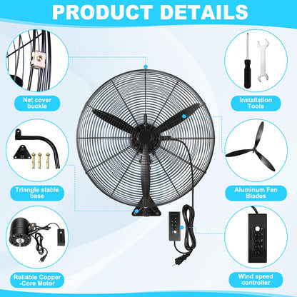 Aurelema 1 Set 27 Inch Industrial Wall Mount Fan Oscillating Heavy Duty Metal 3 Speed Fan, 7500 CFM, with High Velocity Cooling, for Commercial Residential Garage Warehouse Workshops Factory