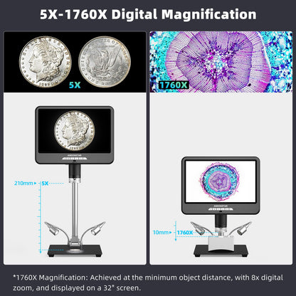 Andonstar 4K 60FPS 10.1" HDMI Digital Microscope for Soldering, 64MP 3840P UHD Video Audio Record, AD210S-Pro Electronic PCB Microscope for Adults, Error Coins, Pro Boom Arm Stand, 64GB