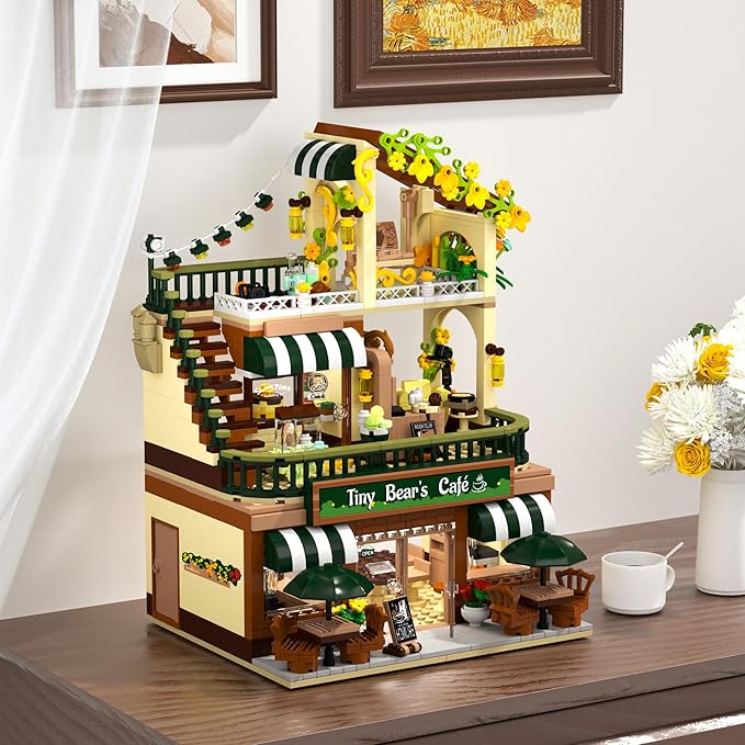 City Coffee House Building Set with Light 1173 PCS Cafe Shop Building Block Toy with Ordering Counter Baking Room House Construction Model Gift for Adults Teens Kids Boys Girls Ages 6-12+