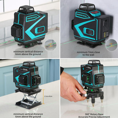 INSPIRITECH Floor Laser Level 360 Self-leveling - Tile 4 x 360 Green Beam Cross Line Laser Leveler Tool - 16 lines 4D Ceiling Nivel Laser for Construction with Hard-Sided Case and 2 Batteries-C