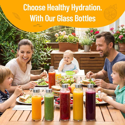 Luxfuel Clear Glass Bottles with Lids 18 oz, Reusable Glass Water Bottles with Stainless Steel Cap for Juicing,Refrigerator,100% Leak Proof, BPA Free, Juice Water Bottle Set of 12