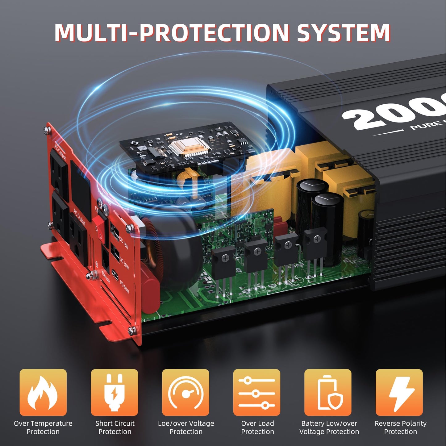 2000 Watt Pure Sine Wave Power Inverter DC 24V to 120V AC, with 2 AC,18W USB, and 30W Type-C Charging Ports, Car Solar Power Inverters with LCD Display for Home RV Truck