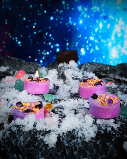 Tealight Soy Candles with Crystals and Herbs, Handmade Energy, Healing Crystal Soy Candles, Aromatherapy Candles. (Purple)