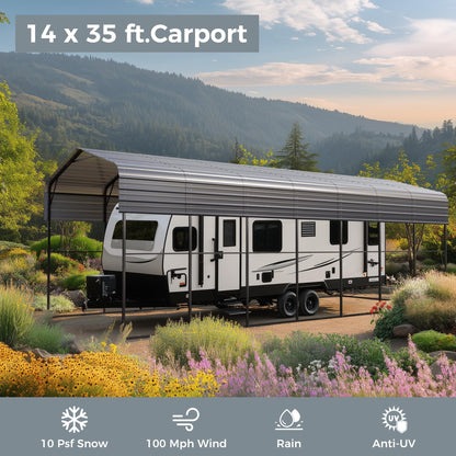 GREEN PARTY 14 x 35 x 13 ft Metal RV Carport Kits with Galvanized Steel Roof, Heavy Duty 2 Car Outdoor Car-Shed Canopy, Car Tent Metal Garage Shelter for RV, SUV, Truck, Tractors and Boats, Gray