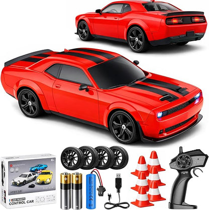 IntelLock 1:24 RTR RC Drift Car with Scratch-Free Drift Tires 4WD High-Speed Muscle 2 Rechargeable Batteries LED Lights 2.4GHz Remote Control Car for Kids &amp Adults Indoor/Outdoor