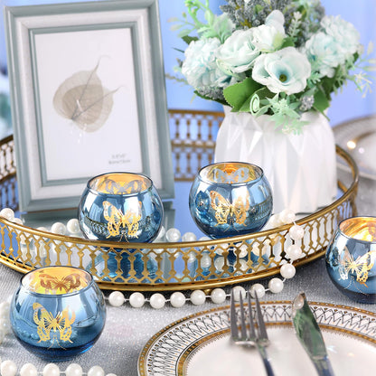 Blue Votive Candle Holders Set, 12 PCS Tea Lights Candle Holder Decorative Bulk with Butterfly Pattern, Candle Holders for Wedding, Blue Bridal Shower, Parties, and Holiday Decorations