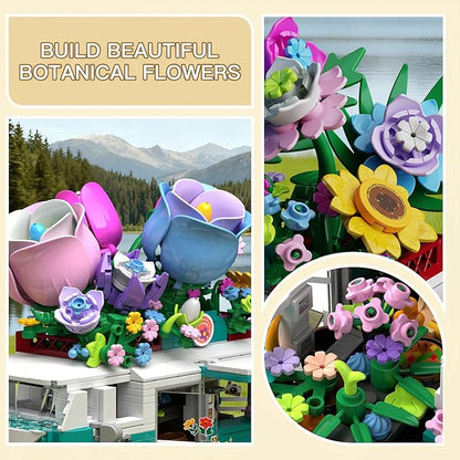 Flower Camper Van Building Set 862 Piece Botanical Travel Bus with Opening Side Cabin Outdoor Table Chairs Creative Gift for Teens Adults Home Decor STEM Educational Assembly Building