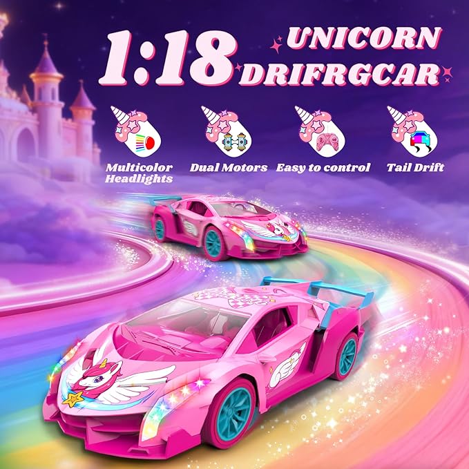 Unicorn RC Car for Girls Rainbow Glow &amp Drift Wing Remote Control Car2.4GHz RC Cars 1:18 ScaleKids Toys Age 3 4 5 6 7 8 9 10 11 12Girls Birthday GiftsValentines Day Gifts for Kids 3-12 Year O