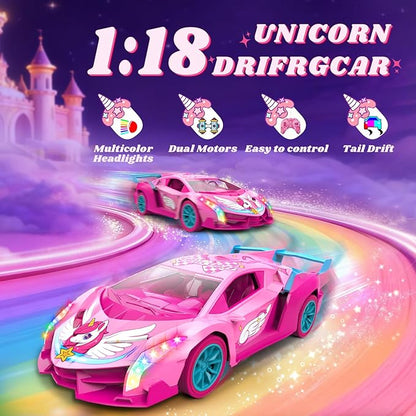 Unicorn RC Car for Girls Rainbow Glow &amp Drift Wing Remote Control Car2.4GHz RC Cars 1:18 ScaleKids Toys Age 3 4 5 6 7 8 9 10 11 12Girls Birthday GiftsValentines Day Gifts for Kids 3-12 Year O