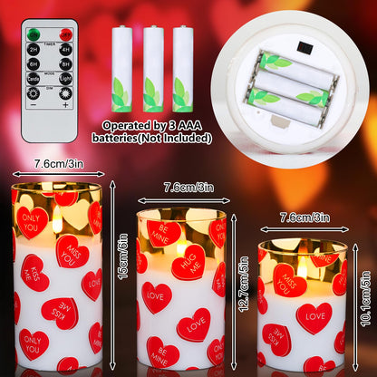 Lebaley 3PCS Valentine Flameless Candles with Remote,Valentine Candles,Love Heart Pillar Candle,Battery Operated LED Candles, Valentines Day Candles for Wedding Anniversary Romantic Night