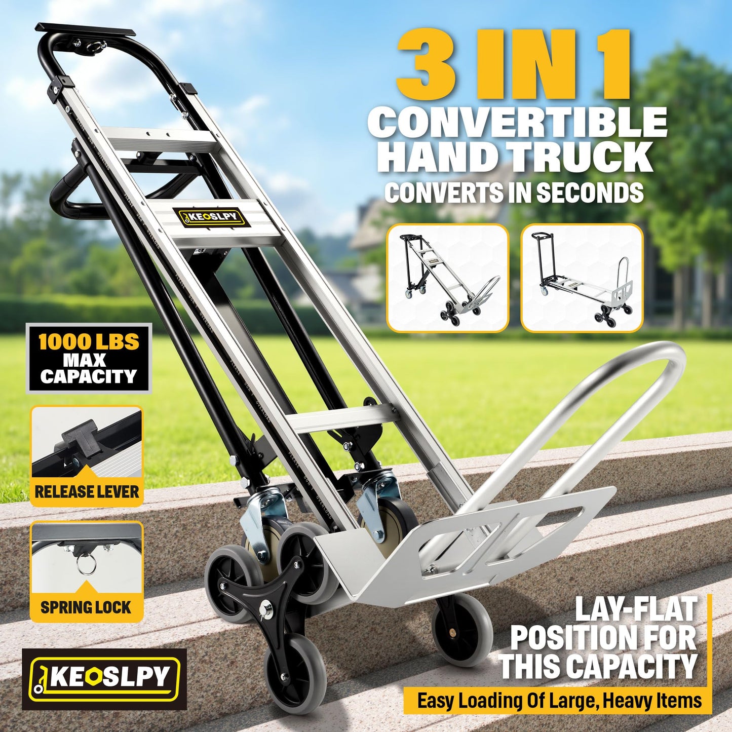 Osluken 3 in 1 Heavy Duty Convertible Hand Truck Dolly, 1000LB Capacity Stair Climbing Aluminum Collapsible Utility Cart with Wheels, 3 Positions for Moving & Transport