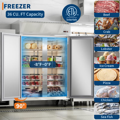48-Inch Commercial Upright Freezer, 36 Cu. Ft. Stainless Steel Reach-In Deep Freezer with 2 Solid Doors, Digital Temp Control (-8°F to 0°F), Auto Defrost & 6 Shelves for Restaurant, Cafe & Kitchen