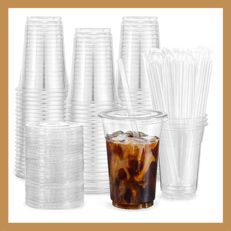 Pokanic Plastic Clear Cups [16 oz] with Lids and Straws [100 Set] Disposable Cold Beverage Drinking Iced Coffee Water Juice Tea Party Travel Cafe School Office Home Kitchen (100 Set, 16 oz)