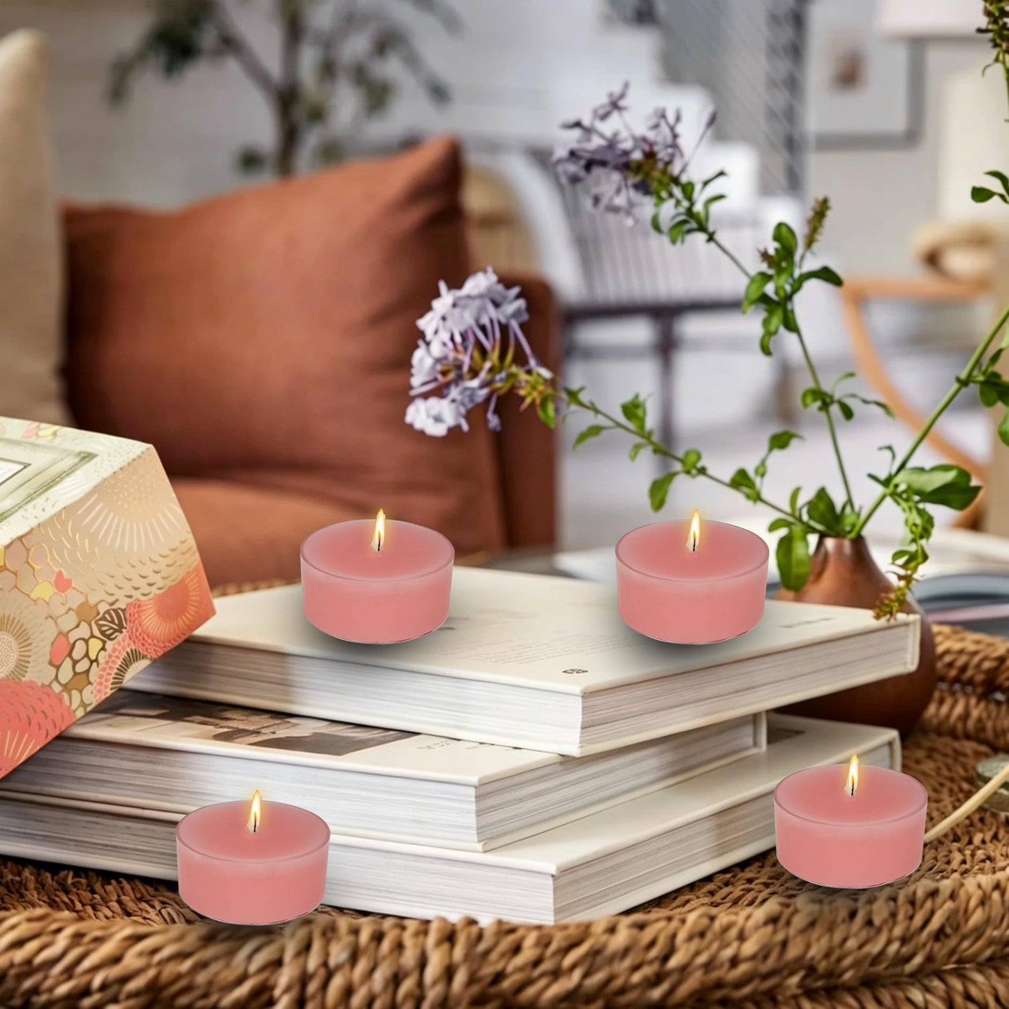 Pink Candles Tea Lights Smokeless Rose Scent Tealight Candles Handmade Tealights Set of 24 Long Burning for Wedding Meditation Dinner Home Decor