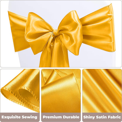Skiennix Satin Chair Sashes - 50 Pcs Elegant Ribbon Bows for Weddings & Events | Gold 7x108 Inch