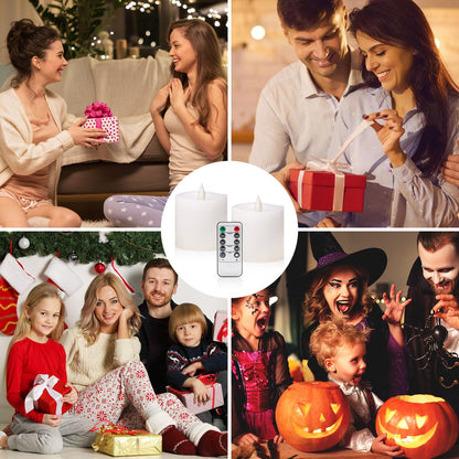 Woocodowe Flickering Flameless Candles Battery Operated with Remote Timer - Realistic 3D Moving Flame Candles, 600+ Hours Long-Lasting White LED Wax Candles for Wedding Home Decor, 3x3 Inch Set of 2