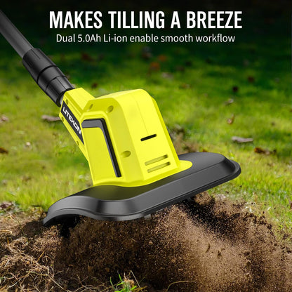 Cordless Tiller Cultivator with 2 x 2.0AH Batteries(120Minutes Use) &1.5A Fast Charger, 540RPM Powerful Battery Powered Garden Tiller Electric Rototiller with 10In Tilling Width & 7In Depth