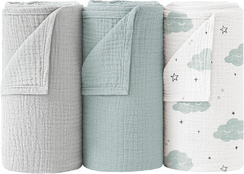 Bearmoss Muslin Swaddle Blankets - Soft & Breathable Baby Blankets | 3 Pack, 40 x 38 Inches, Cloud Design