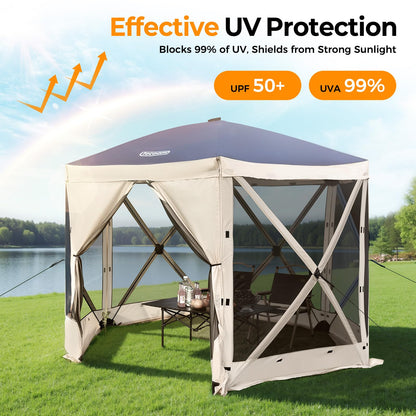 Tecoom 10x10ft 6-Side Pop Up Gazebo Tent, Waterproof Instant Screen with Mosquito Netting, Portable Outdoor Canopy with 4 Removable Wind Cloths, Sun Shelter for Camping, Garden and Picnics, Khaki