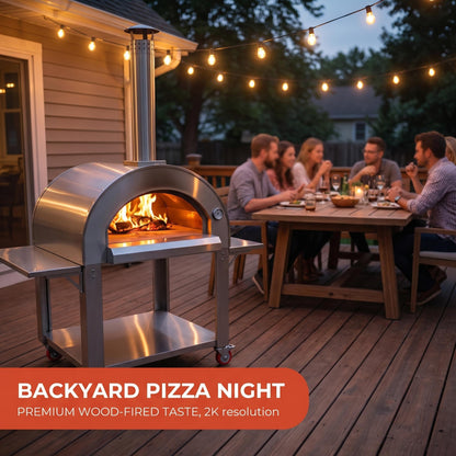 Wood Fired Pizza Oven Outdoor, 44 Inch Large Stainless Steel Wood Burning Camping Oven with Wheels & Accessories, Charcoal Outdoor Oven for Baking Roasting Grilling Searing, for Backyard Garden Patio