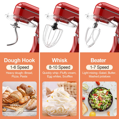 CEBORY 3-IN-1 Electric Stand Mixer, 6.5QT Bowl 660W 10-Speed Kitchen Mixer, Household Food Mixers include Dough Hook, Beater and Whisk, Bread Cake Mixer for Baking and Most Home Cooks, Red