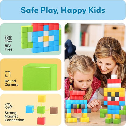 PicassoTiles 102pcs Pixel Magnetic Puzzle Cube 1” Pixel Mix &amp Match Toys with Ideabook STEM Education Learning Building Block Magnets Construction ToySet Stacking Creative Kit for Kids Age 3+ PMC1