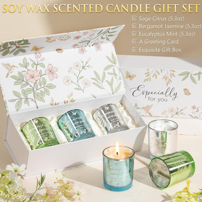 Scented Candles for Women, 3 Pack Candle Sets Soy Candles for Home Scented Holiday Votive Candle Gifts Set, Mothers Day Birthday Gifts for Women Mom Friend -Eucalyptus Mint/Bergamot Jasmin/Sage Citrus