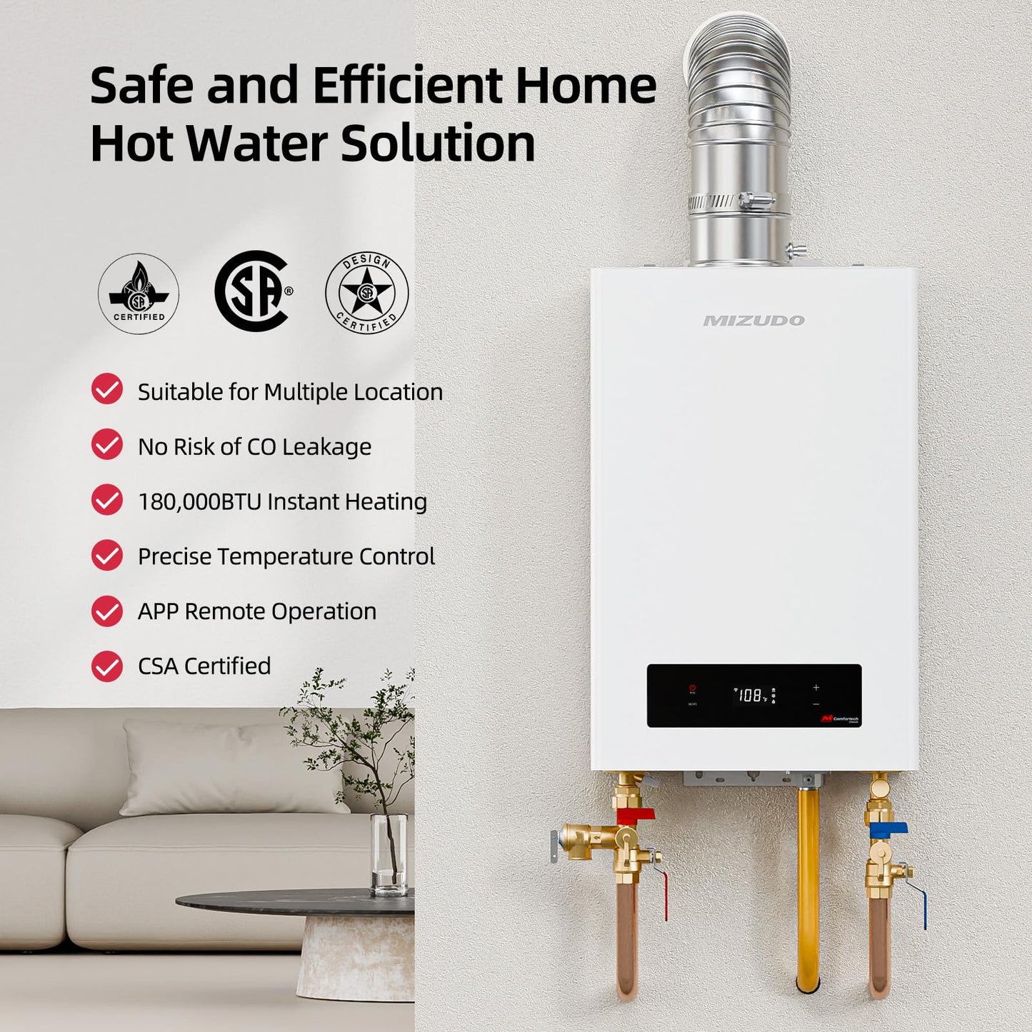 MIZUDO 180,000 BTU Natural Gas Tankless Water Heater Indoor Installation, Max 7.9 GPM, WiFi&APP Control CSA Certified Non Condensing High Efficiency for Large Families Residential Whole House
