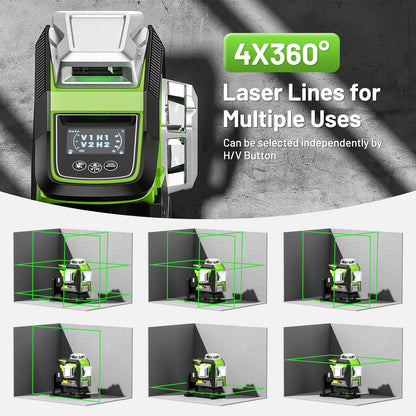 Huepar Laser Level 360 Self Leveling, 1/13 High Accuracy, 4D Green Laser Line Level with LCD Screen & Pulse Mode & Adjust Laser Brightness 4x360 Cross Line Laser -Magnetic Base, Hard Carry Case HX04CG