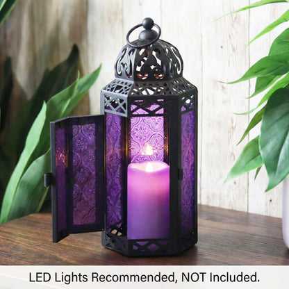 Vela Lanterns Candle Holder Gothic Decor Moroccan Candle Lantern, Whimsical Dark Purple Iron Hanging Lamp for Bedroom Table, Whimsigoth Witch Room Decor, Halloween Indoor Centerpiece, Medium 11.5"