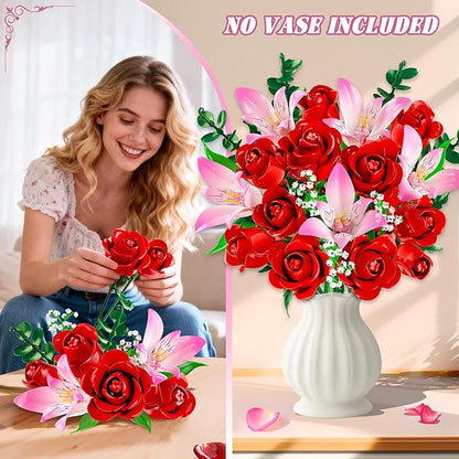 Rose Flower Bouquet Building Set with LED - Red Rose Botanical Collection Building Block Set for Adults Pink Lilies Artificial Plant for Home Decor Easter Gifts for Her Women Girls