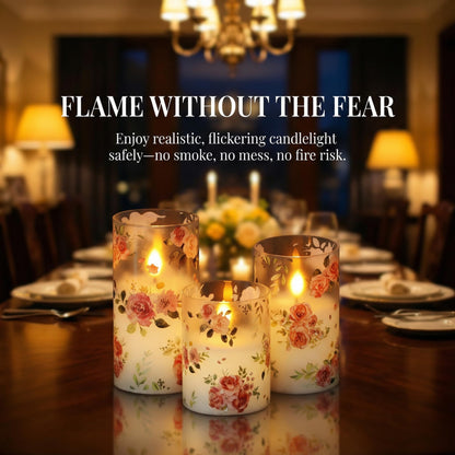 Wondise Glass Flameless Candles Remote Timer Pink Rose Battery Operated Flicker Pillar Candles for Wedding Centerpiece Spring Easter Farmhouse Home Decoration, Set of 3