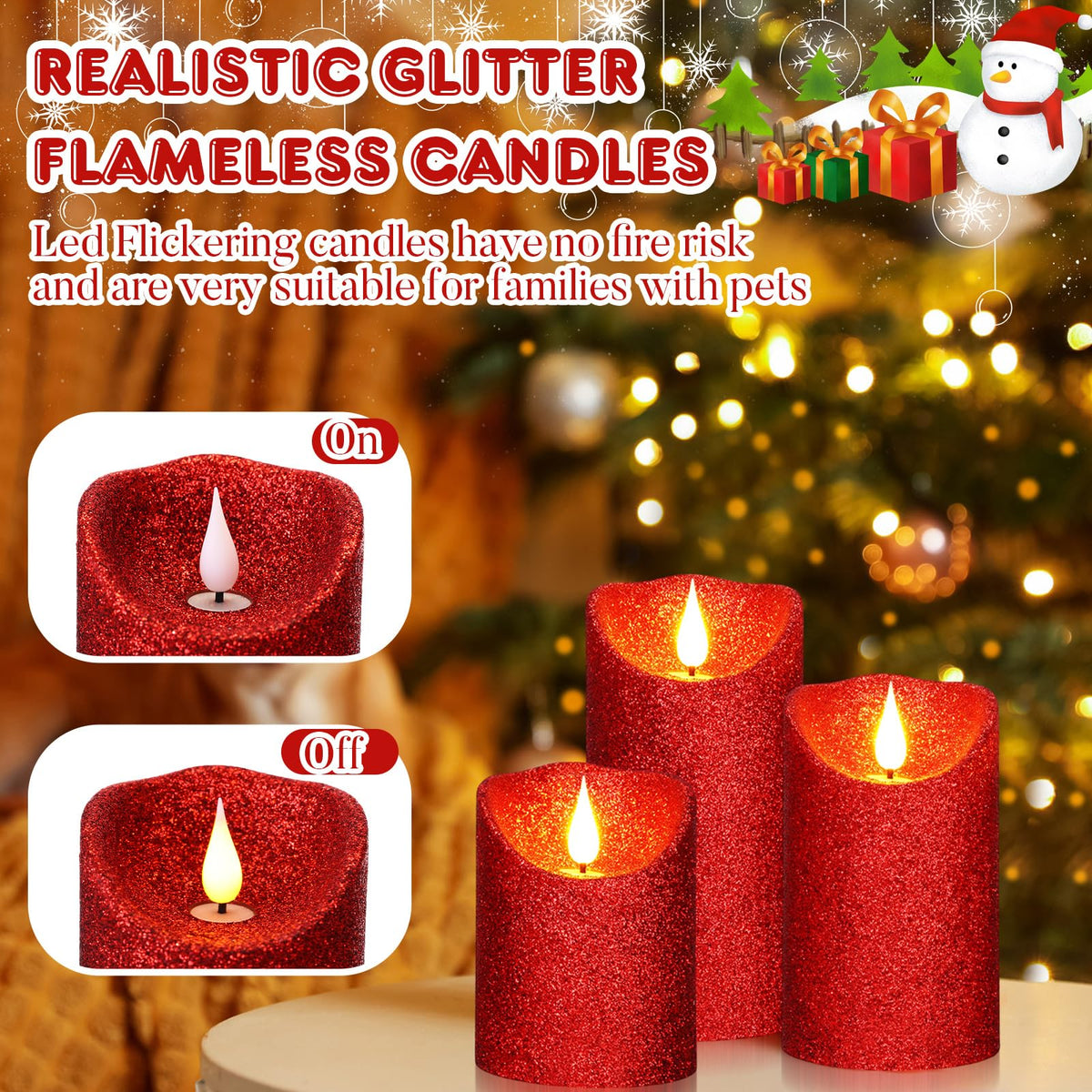 Retisee Set of 3 Valentines Glitter Flameless Candles, 4" 5" 6" Burgundy Red Operated Battery Pillar Candles Flickering Real Wax LED Candle with Remote and Timer for Valentines Home Table Centerpiece