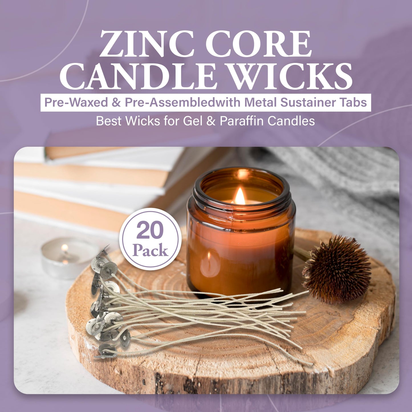 20 Pack | Jess Mae® Candle Wicks | 60-44-18 Zinc Core | 8 Inch | Pre-Waxed & Pre-Tabbed with Metal Sustainer Tabs | DIY Candle Making Supplies | Best Wicks for Gel & Paraffin Container Candles