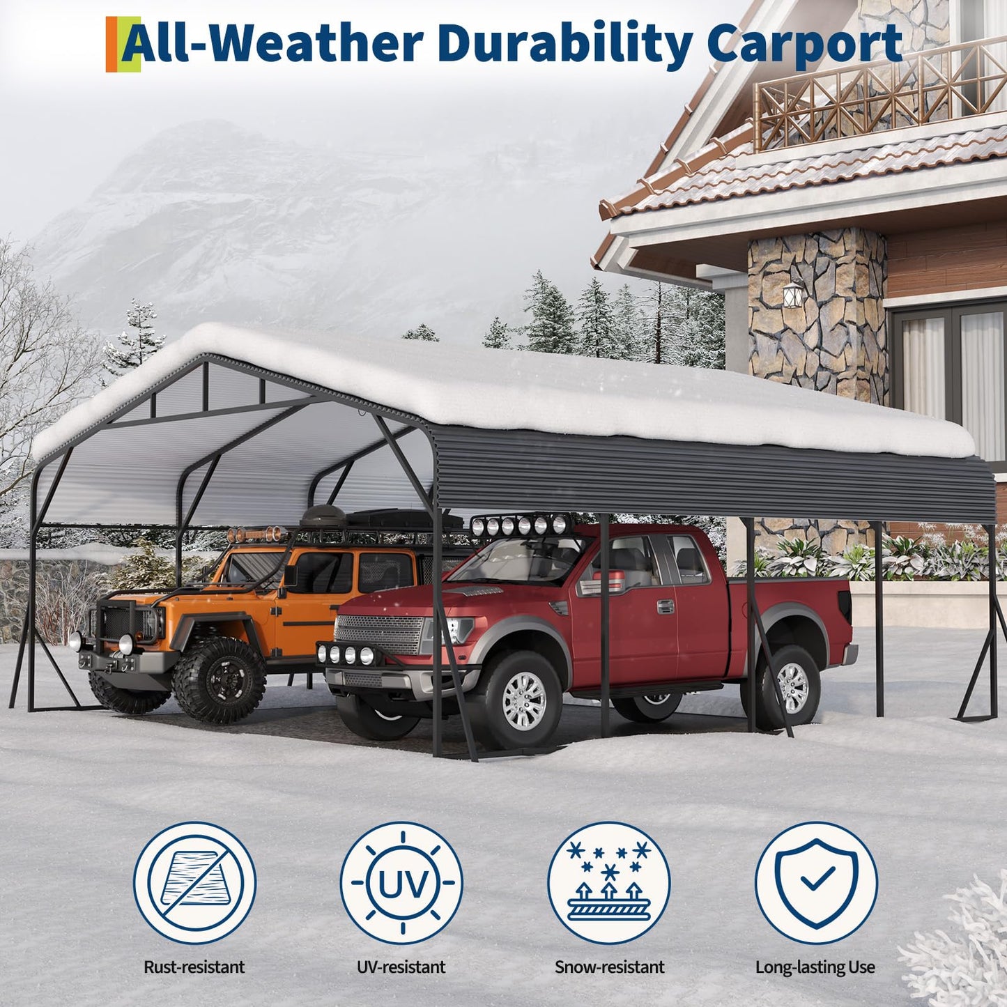 PeakPursuit Metal Carport, 20x20 FT Outdoor Car Port Canopy with Galvanized Steel Roof and Reinforced Base, Heavy Duty Garage Car Shelter Shade for SUV, Truck, Boats