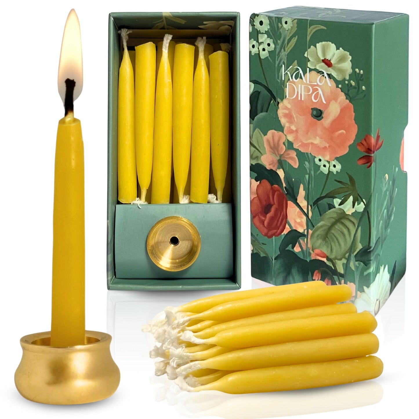 20 Minute Beeswax Meditation Candles – Set of 20 Mini Taper Candles with Brass Candle Holders, Dripless & Smokeless – Ritual, Yoga & Mindfulness Gift – KALA DIPA