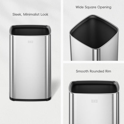 EKO 2-Pack Open Top Trash Can with Removable Inner Basket, Square Small Garbage Can, 1.8 + 3.2 Gallon Wastebasket Combo for Kitchen, Bathroom, Office, Home (Stainless Steel)