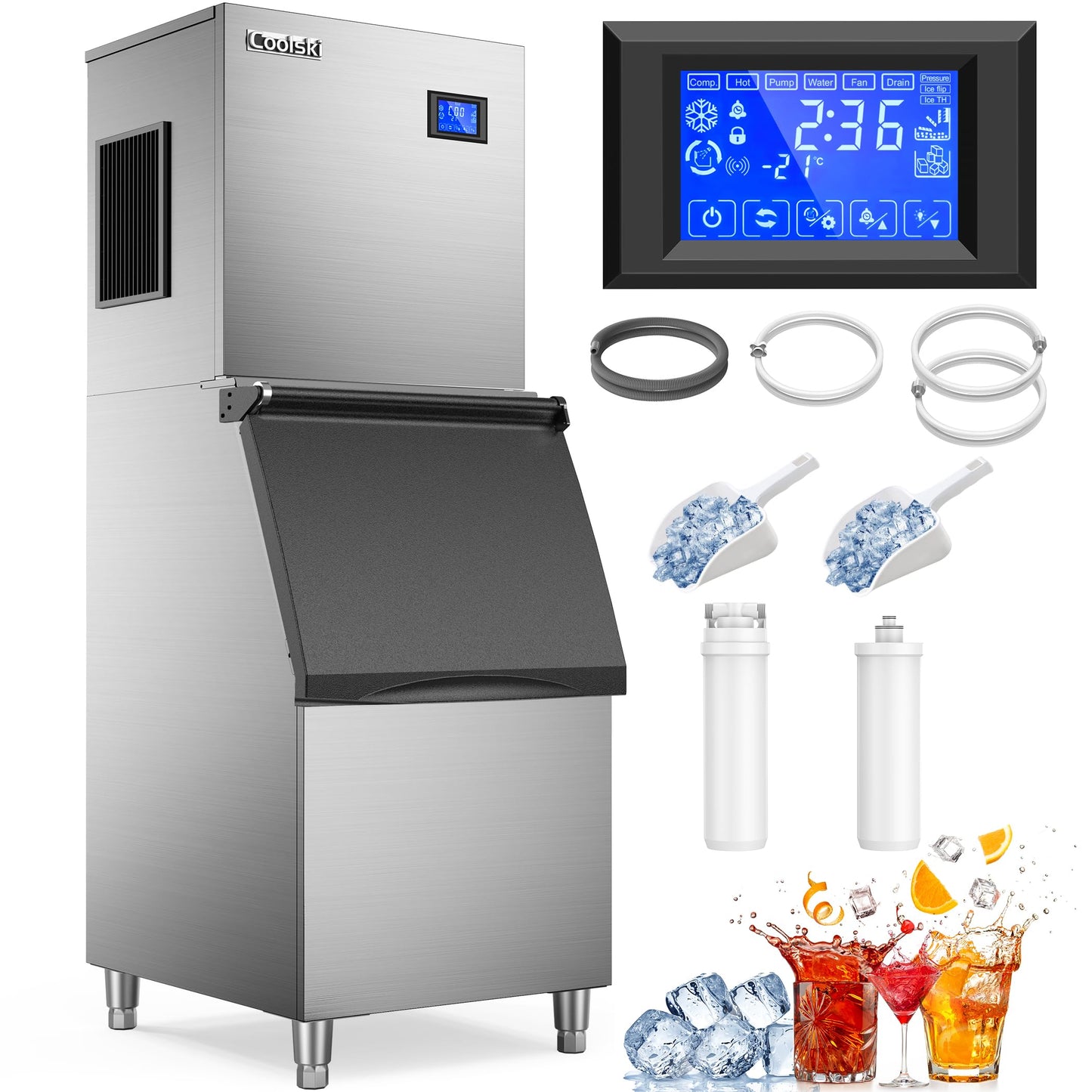 Coolski Commercial Ice Maker Machine 450LBS/24H, 22'' Wide Ice Machine with 300LBS Large Storage Bin, Clear Ice Cubes Air Cooled Stainless Steel Ice Maker for Restaurant/Bar/Cafe/Business