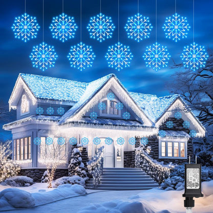 Brightown Christmas Snowflake Icicle Lights Outdoor - Plug-in 23.6ft 10 Drops 480LED Snowflake Window Lights for Indoor Outdoor Porch Eaves Rooftops Canopy Christmas Decoration, Blue and White