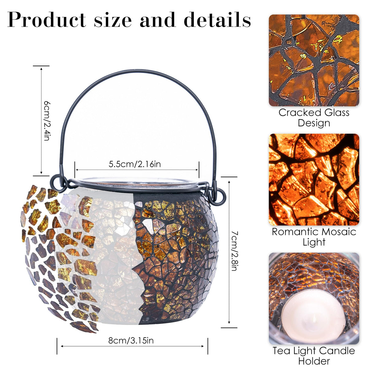 Rancco Candle Holder Mosaic Glass Tea Light Holder, Votive Candle Holders with Handle for Thanksgiving Table Centerpiece Christmas Party Decor,Also Used as Vase,Pen Holder,Potted Plants Bowl (Amber)